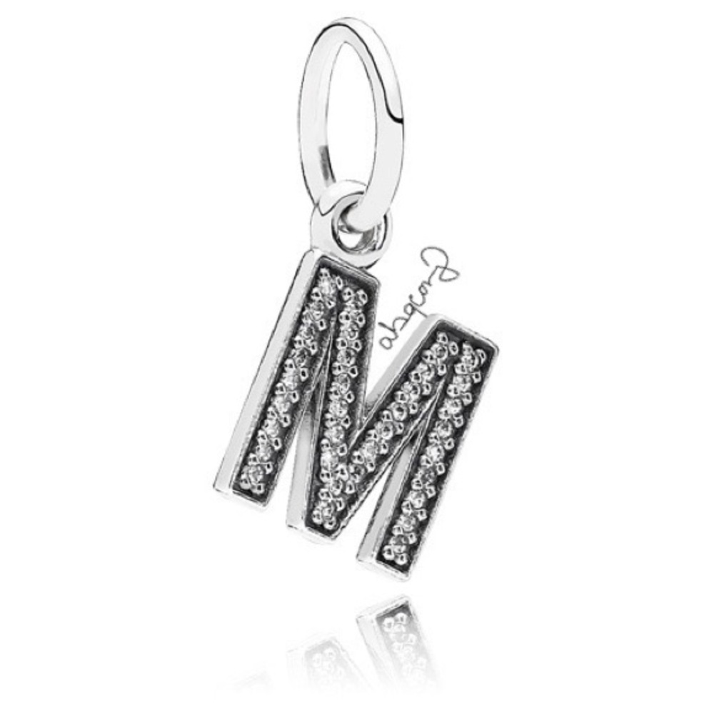 Pandora 791325CZ Sterling Silver Alphabet Letter M Dangle Charm w/ Clear CZs